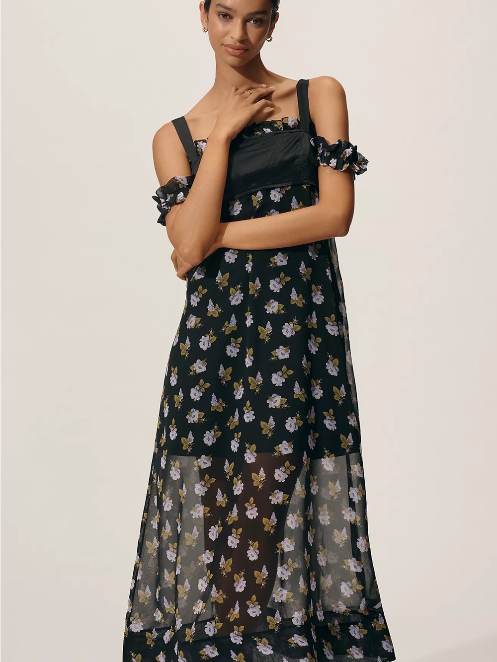 Maeve Square-Neck Sheer Floral Midi Dress
